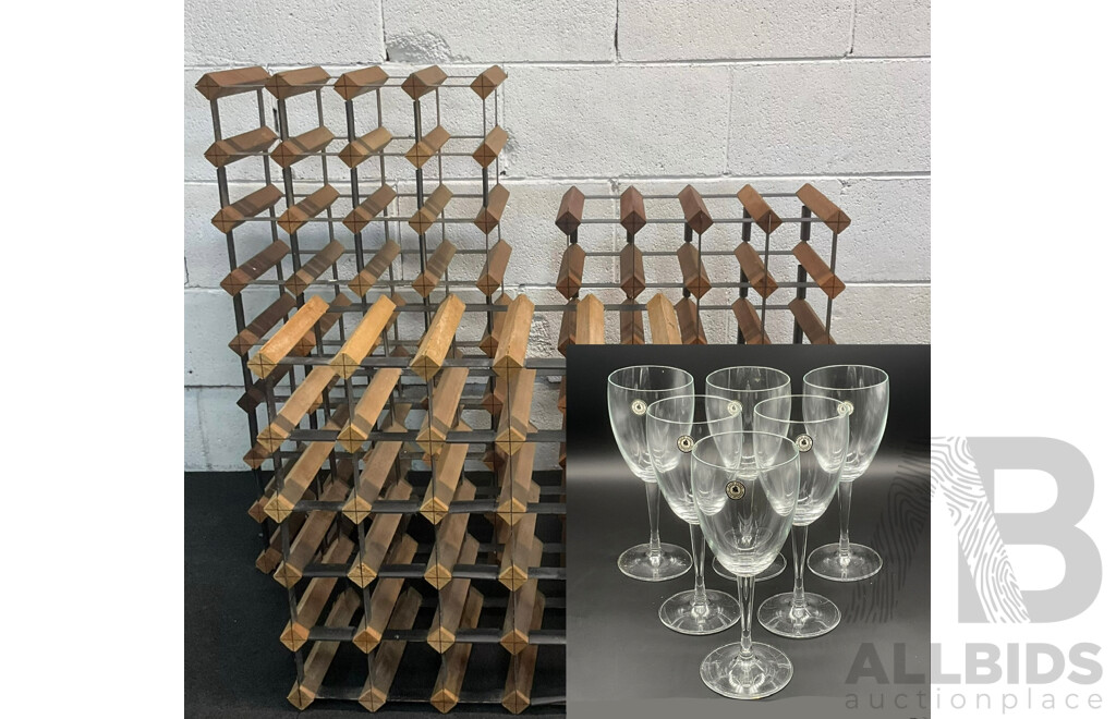 Wine Rack (x3) and Set of David Jones Glass Collection Wine Glasses (x6) - Lot of 4
