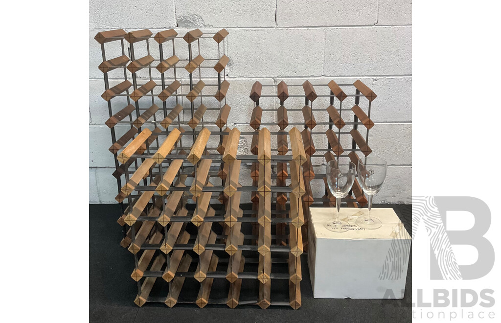 Wine Rack (x3) and Set of David Jones Glass Collection Wine Glasses (x6) - Lot of 4
