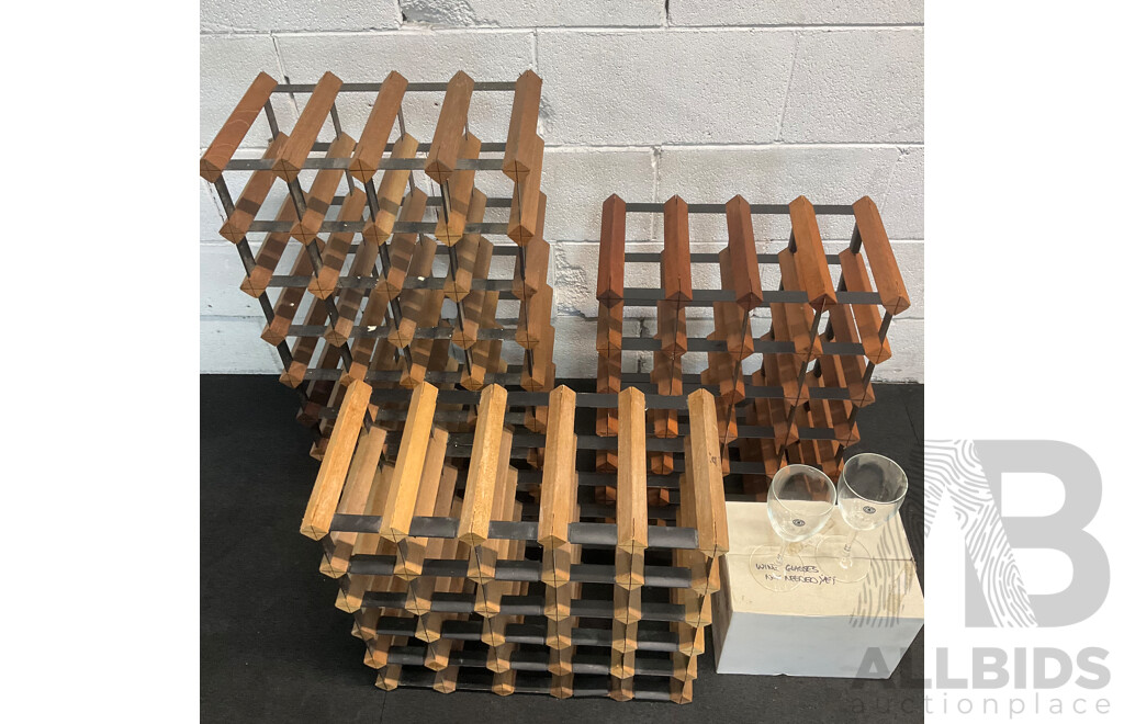 Wine Rack (x3) and Set of David Jones Glass Collection Wine Glasses (x6) - Lot of 4