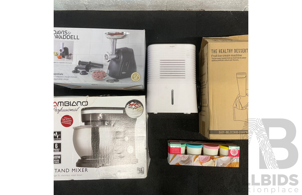 DAVIS&WADDELL Meat Mincer, AMBIANO Stand Mixer, KOGAN Dehumidifier, the Healthy Dessert Maker and Reusable Ice Cream Containers - Lot of 5