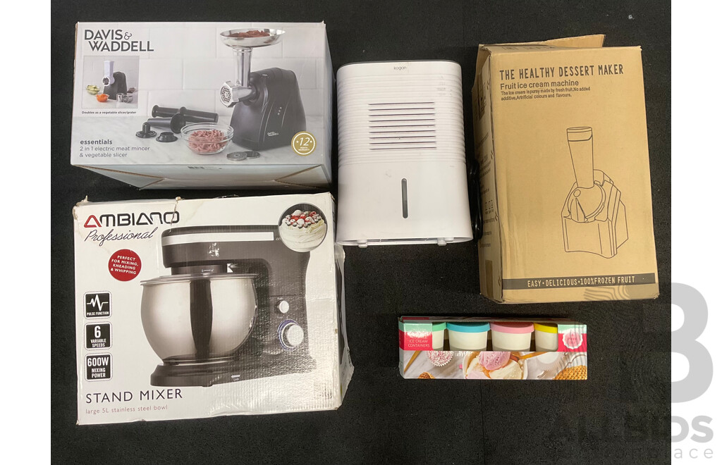 DAVIS&WADDELL Meat Mincer, AMBIANO Stand Mixer, KOGAN Dehumidifier, the Healthy Dessert Maker and Reusable Ice Cream Containers - Lot of 5