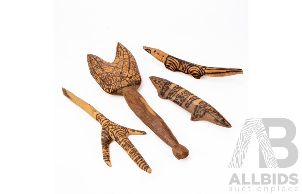 Artists Unknown (20th Century, Indigenous-Australians, C1960s), Wonderful Collection of Four Vintage Handcrafted Wooden Artefacts Including Pair of Utensils & Pair Small Carved Animals, 35 x 10 cm (approx largest) (4)