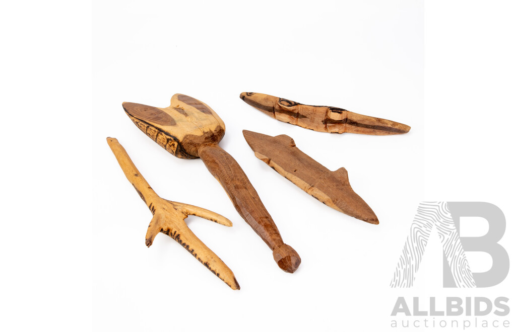 Artists Unknown (20th Century, Indigenous-Australians, C1960s), Wonderful Collection of Four Vintage Handcrafted Wooden Artefacts Including Pair of Utensils & Pair Small Carved Animals, 35 x 10 cm (approx largest) (4)