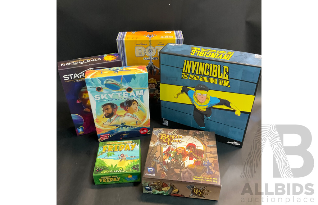 Assorted Board Games Include Invincible: the Hero-Building Game, Bot Factory, Star Tycoon, and More - Lot of 6