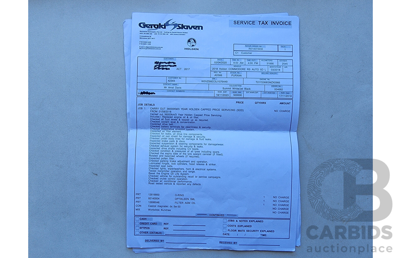 3/2018 Holden Commodore RS ZB-Series MY18 5D Liftback White Turbo 2.0L