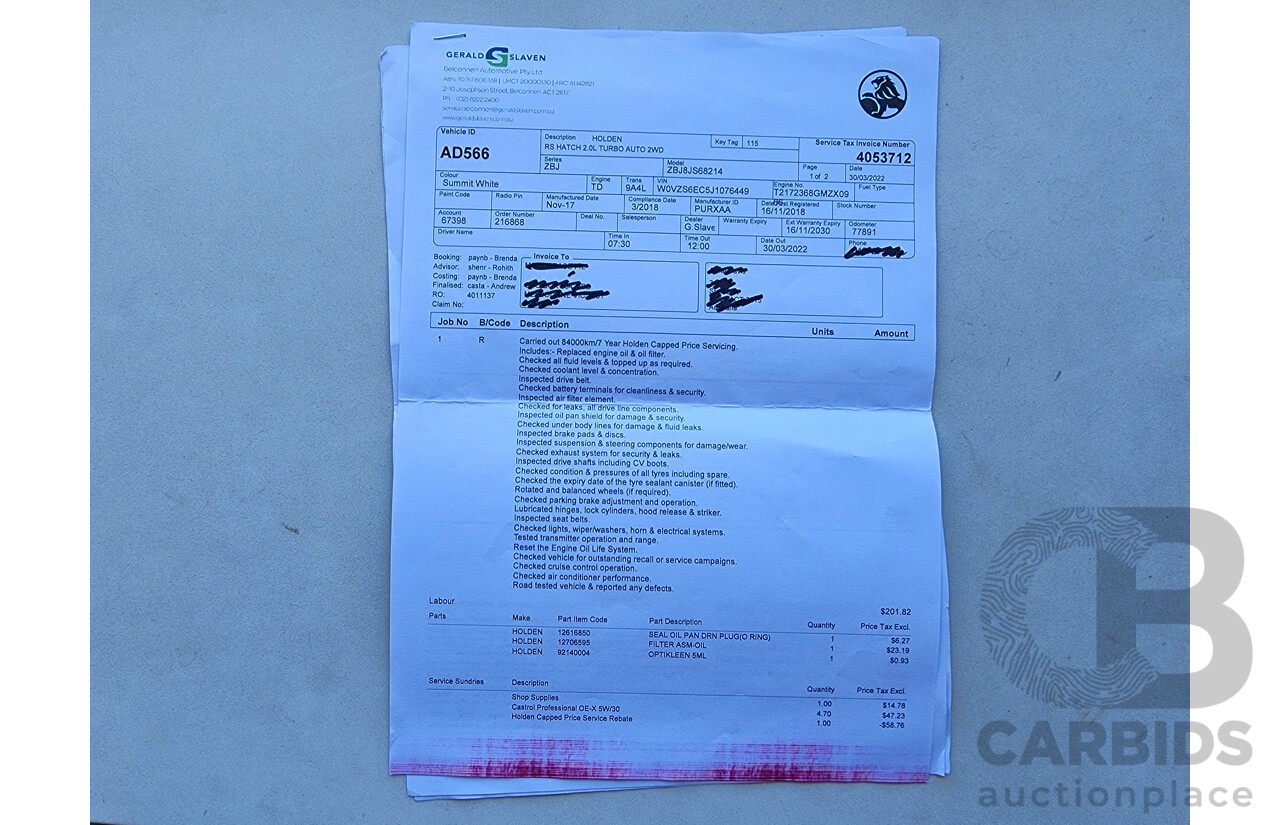 3/2018 Holden Commodore RS ZB-Series MY18 5D Liftback White Turbo 2.0L