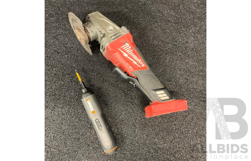 MILWAUKEE M18 Fuel Angle Grinder (CAG125XPD) and WORX Screwdriver - Lot of 2