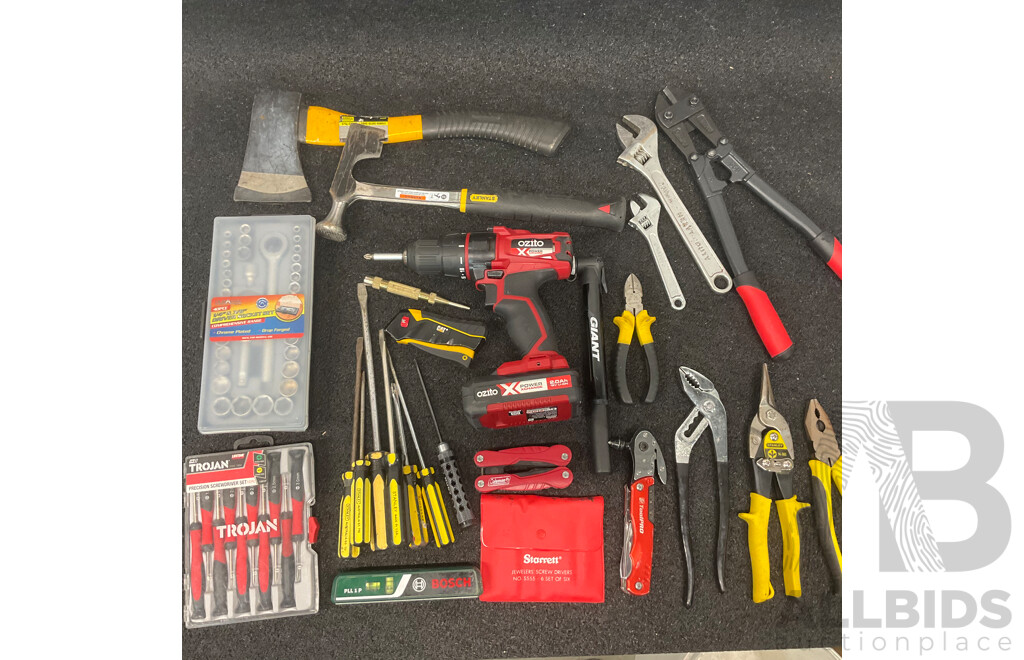 Assorted Hand Tools, Including TROJAN, STANLEY, and More, GIANT Bike Pump, BOSCH Laser Spirit Level (PLL1P) and OZITO 18V Drill Driver with 2.0Ah Battery