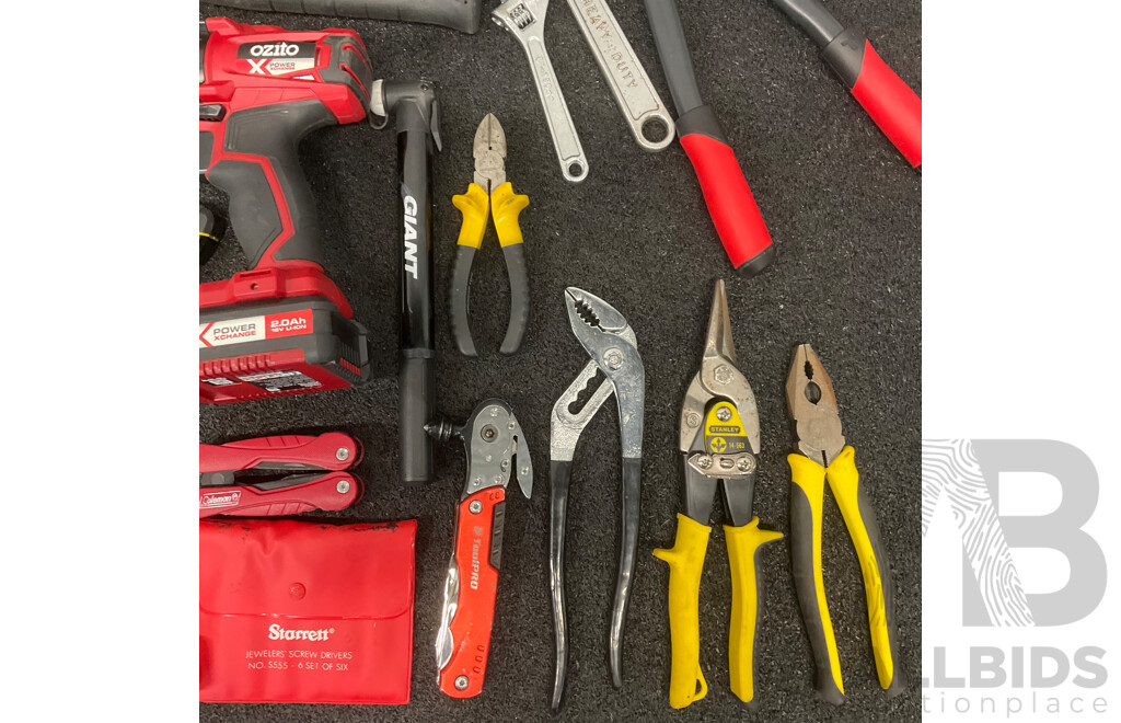 Assorted Hand Tools, Including TROJAN, STANLEY, and More, GIANT Bike Pump, BOSCH Laser Spirit Level (PLL1P) and OZITO 18V Drill Driver with 2.0Ah Battery