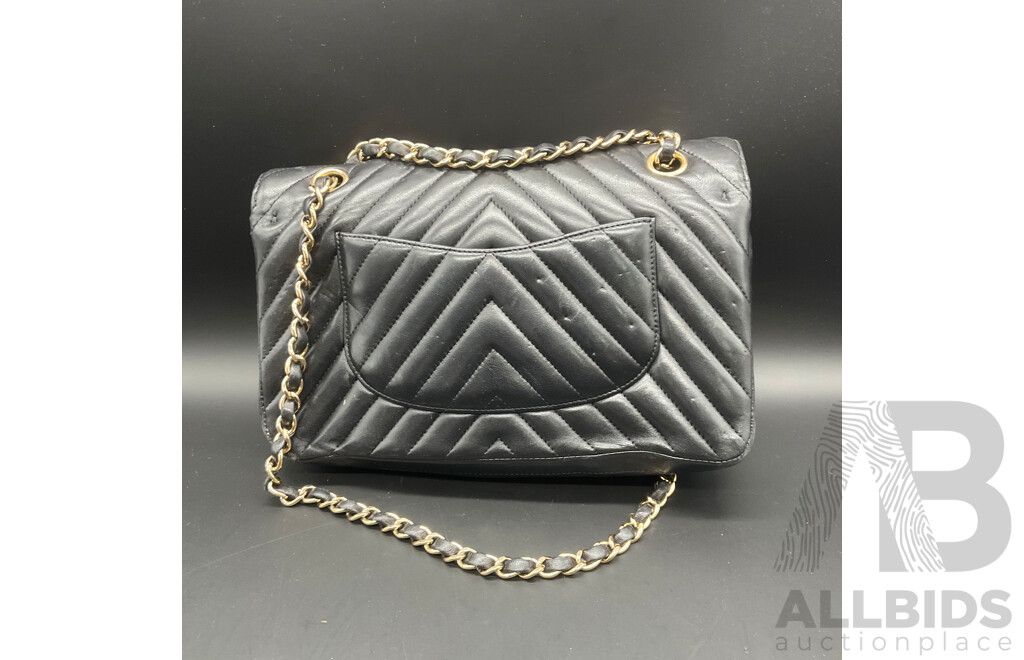 Classic Flap Black Bag in Chevron Quilting Pattern Branded CHANEL