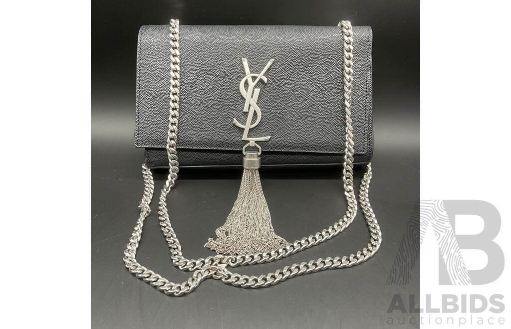 Kate Tassel Chain Bag in Black Grain De Poudre Embossed Leather with Silve Tone Hardware Branded SAINT LAURENT