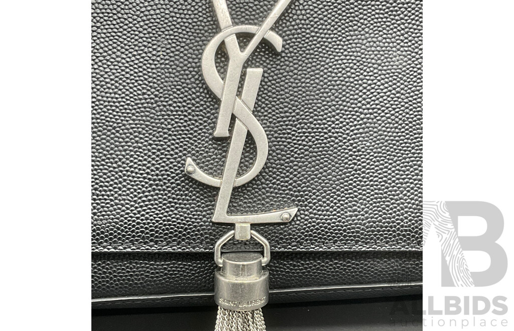 Kate Tassel Chain Bag in Black Grain De Poudre Embossed Leather with Silve Tone Hardware Branded SAINT LAURENT