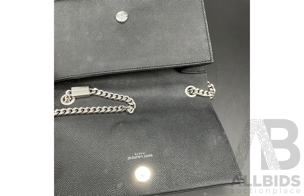 Kate Tassel Chain Bag in Black Grain De Poudre Embossed Leather with Silve Tone Hardware Branded SAINT LAURENT