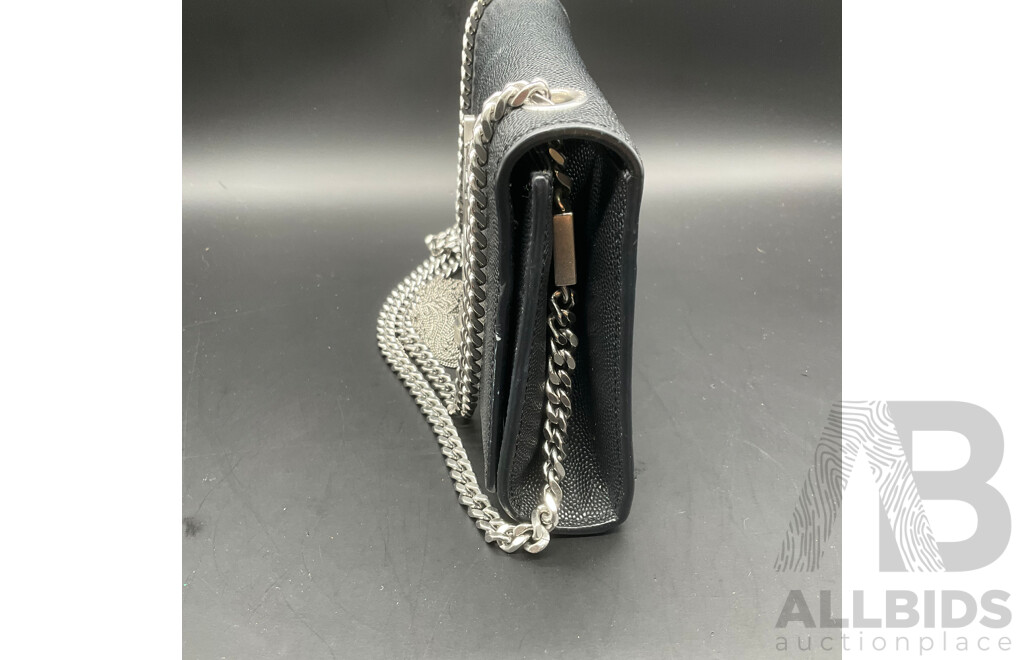 Kate Tassel Chain Bag in Black Grain De Poudre Embossed Leather with Silve Tone Hardware Branded SAINT LAURENT