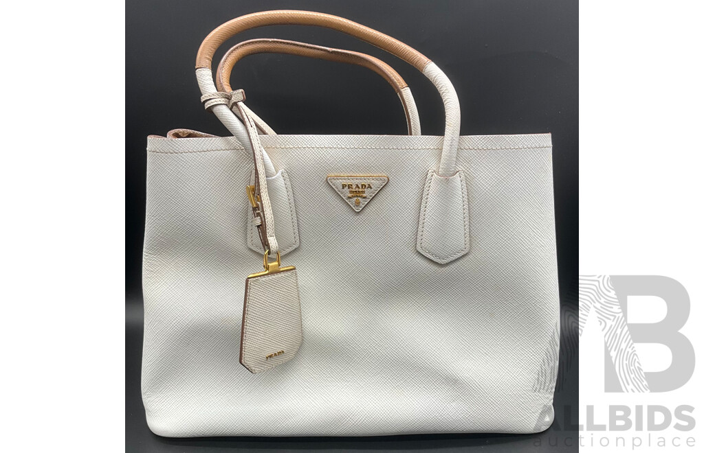 White Saffiano Cuir Double Tote Bag Branded PRADA