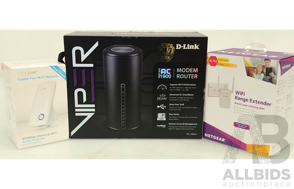 D-Link Viper AC1900 Modem Router, Netgear AC750 WiFi Ranger Extender and TP-Link Range Extender - New