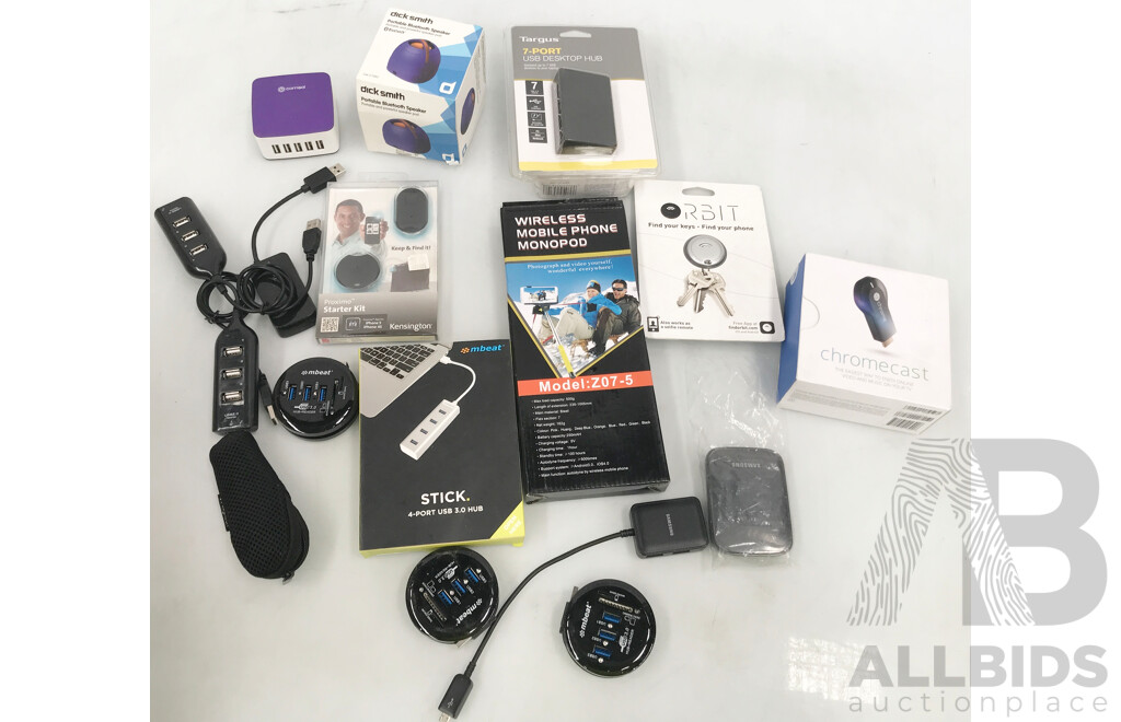 Assorted Multimedia and Electronic Accessories Including Adaptors, USB Hubs, and More