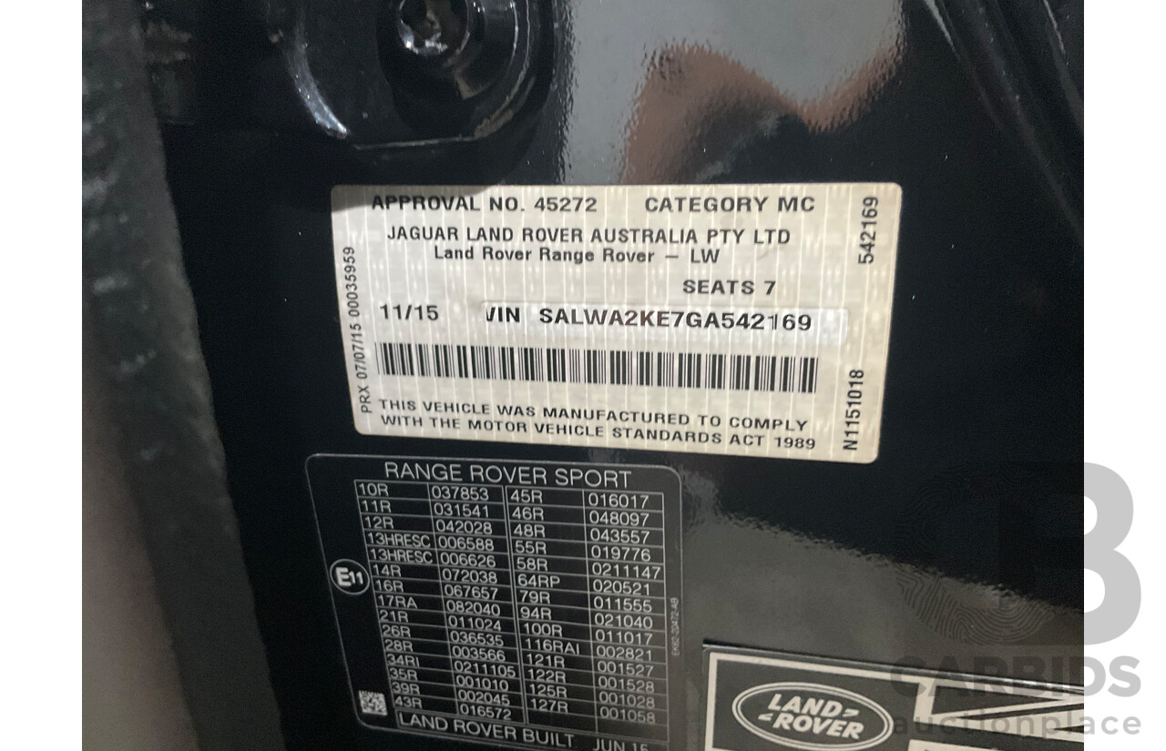 11/2015 Land Rover Range Rover Sport 3.0 TDV6 SE LW MY16 4d Wagon Santorini Black Turbo Diesel V6 3.0L - 7 Seater