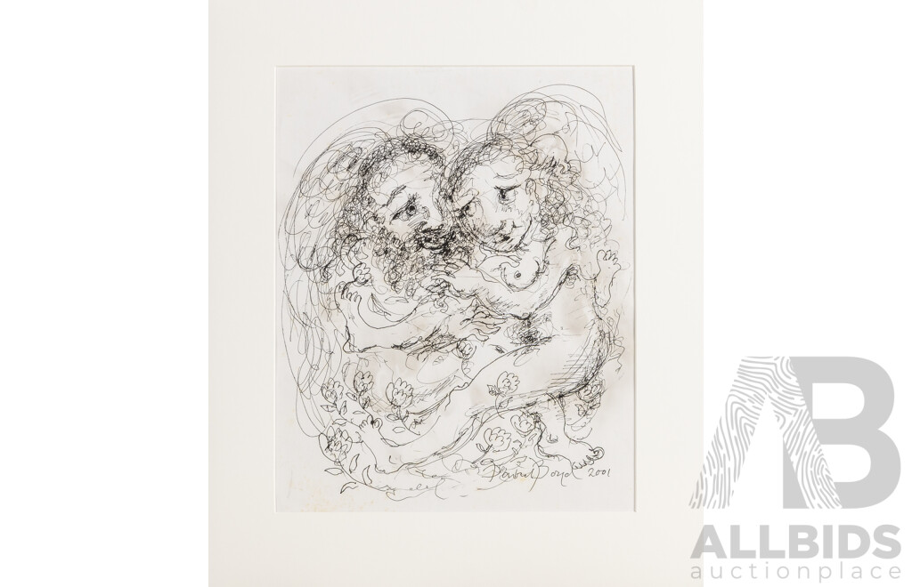 David Boyd, (20th Century, Australian, 1924-2011), Lovers (2001), Absolutely Wonderful Original Pen & Sfumato, 35 x 29 cm (image)