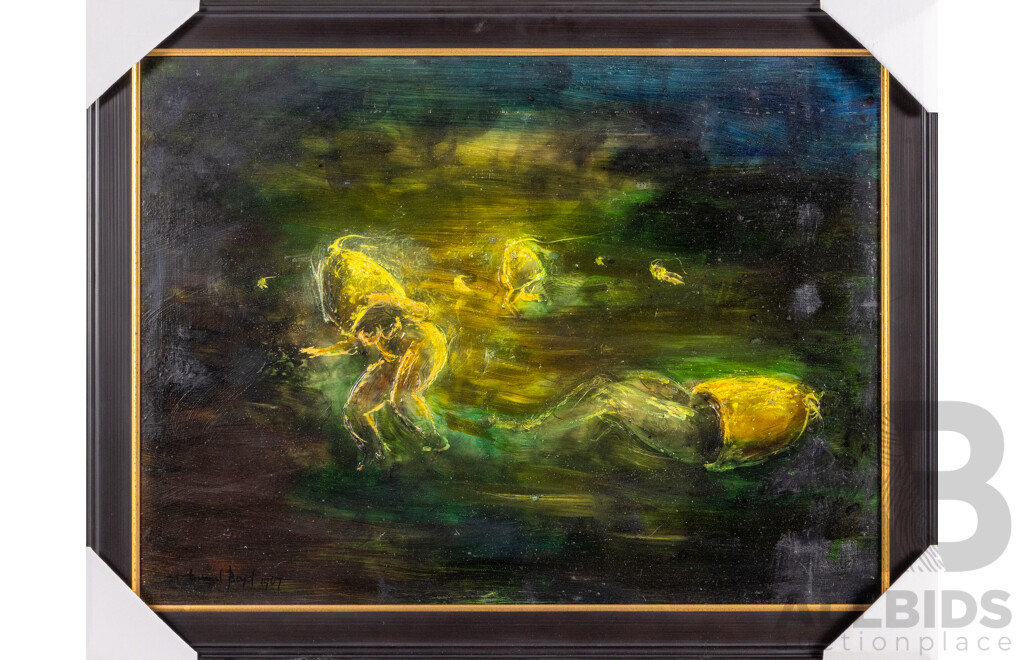 David Boyd (20th Century, 1924-2011), Lovers and Bells (1967), Original Oil & Sfumato on Masonite [from the London Hippie Series], 54 H X 69 W cm (frame)