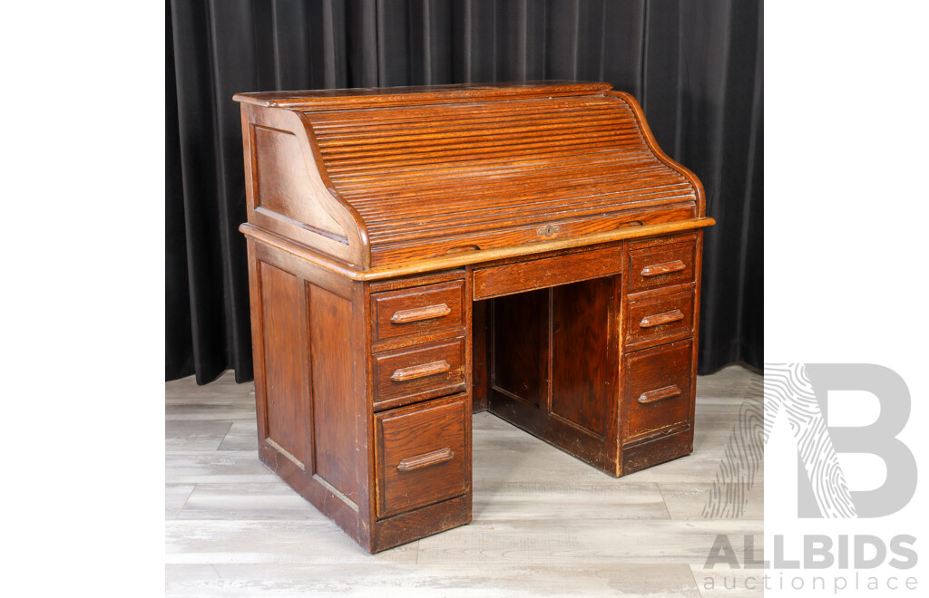 Oak Twin Pedestal Roll Top Desk