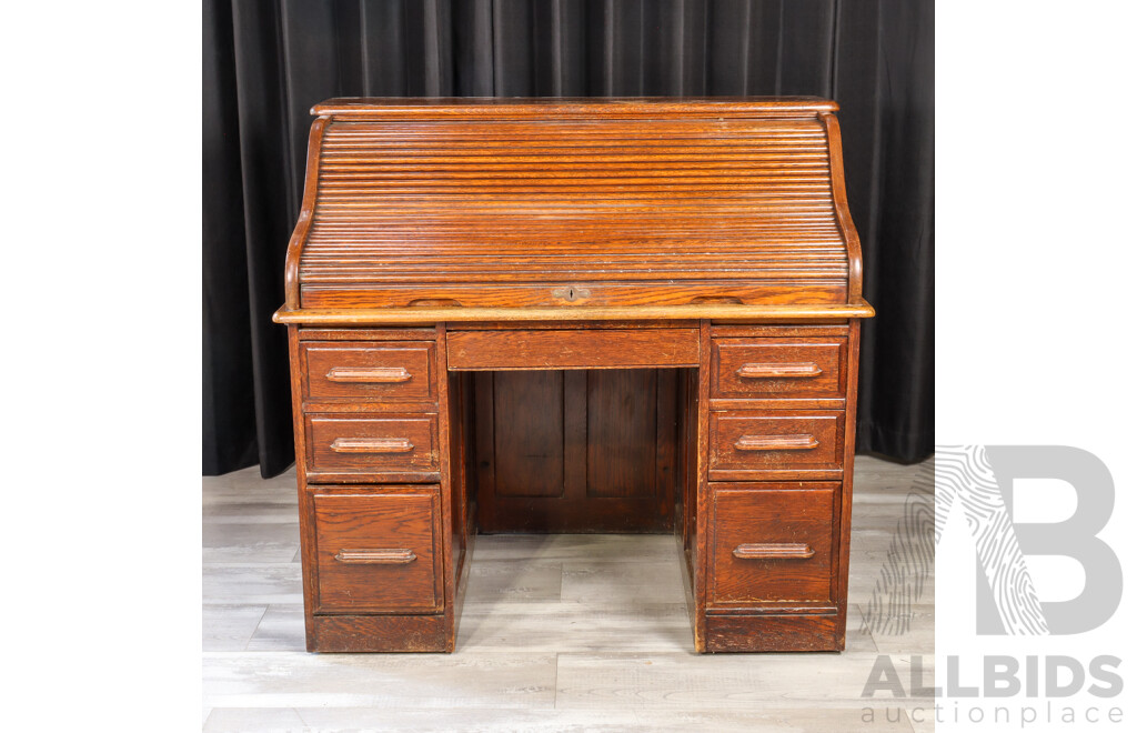 Oak Twin Pedestal Roll Top Desk