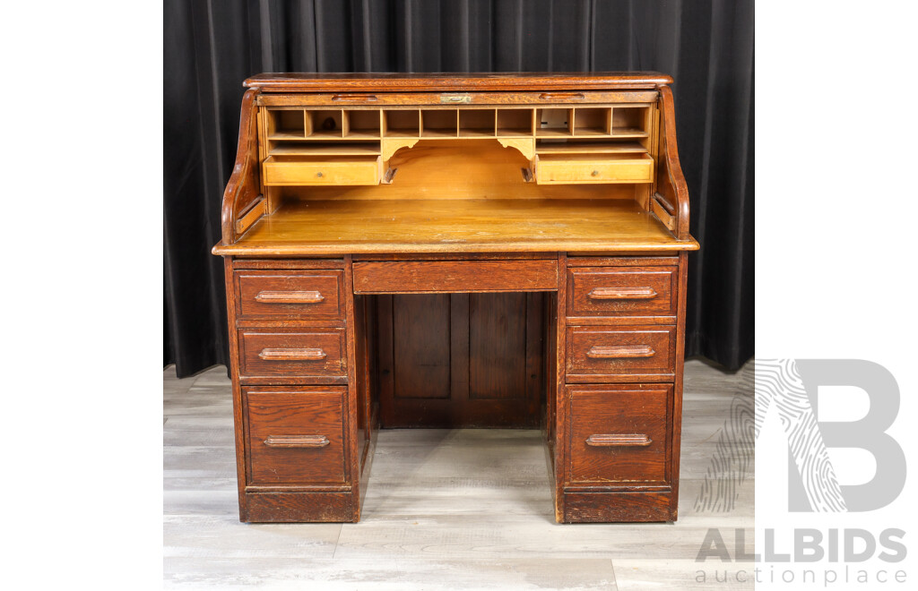 Oak Twin Pedestal Roll Top Desk