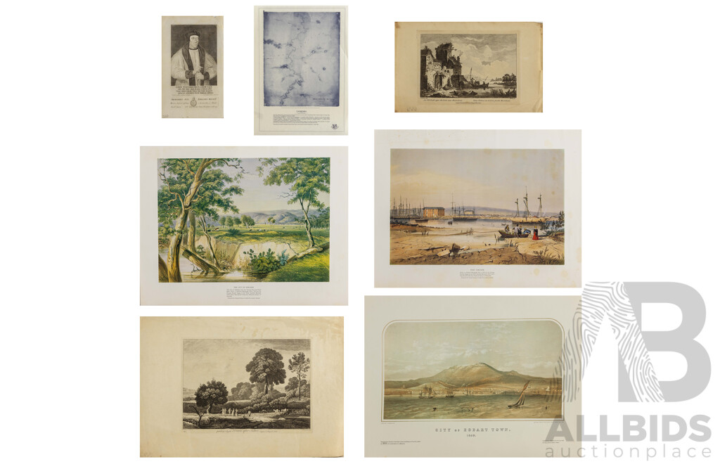 Selection of Approx Fourteen Largely Landscape Reproduction Prints After Original Lithographs, Including Vue De Georges St at Sydney (1968 Print) and More