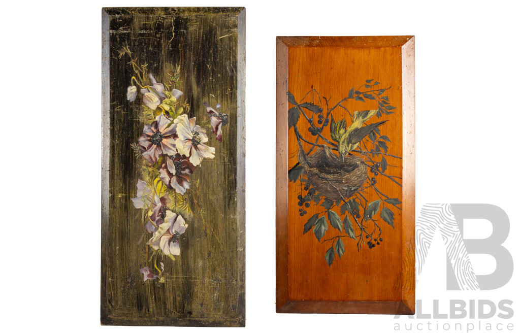 Artists Unknown, (Early 20th Century), Sparrow with Nest & Posy of Flowers, Antique Oil on Wood Panels, 61 x 30 cm & 76 x 34 cm (2)