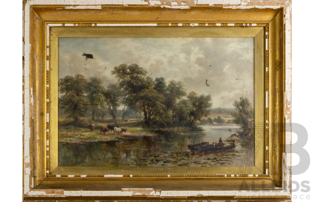 Charles (Chas) Clayton, (Early 20th Century), Landscape - Cows Grazing by River, Antique Oil on Canvas, 77 x 102 cm (frame)