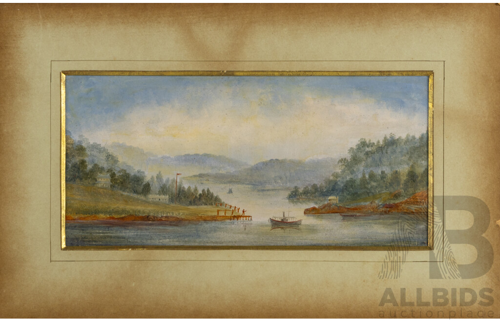 Artists Unknown, Boat Docking & Path by Water, Pair of Antique Landscapes Watercolour & Photograph, 40 x 44 cm (largest) (2)