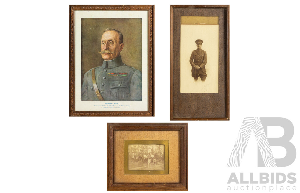 Trio of Antique Photographs & Print CWWI Featuring Print Portrait of Marshal Foch, Photographic Portrait of Soldier & Trio on Horseback, 30 x 22 cm (largest frame) (3)