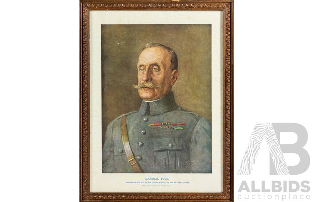 Trio of Antique Photographs & Print CWWI Featuring Print Portrait of Marshal Foch, Photographic Portrait of Soldier & Trio on Horseback, 30 x 22 cm (largest frame) (3)