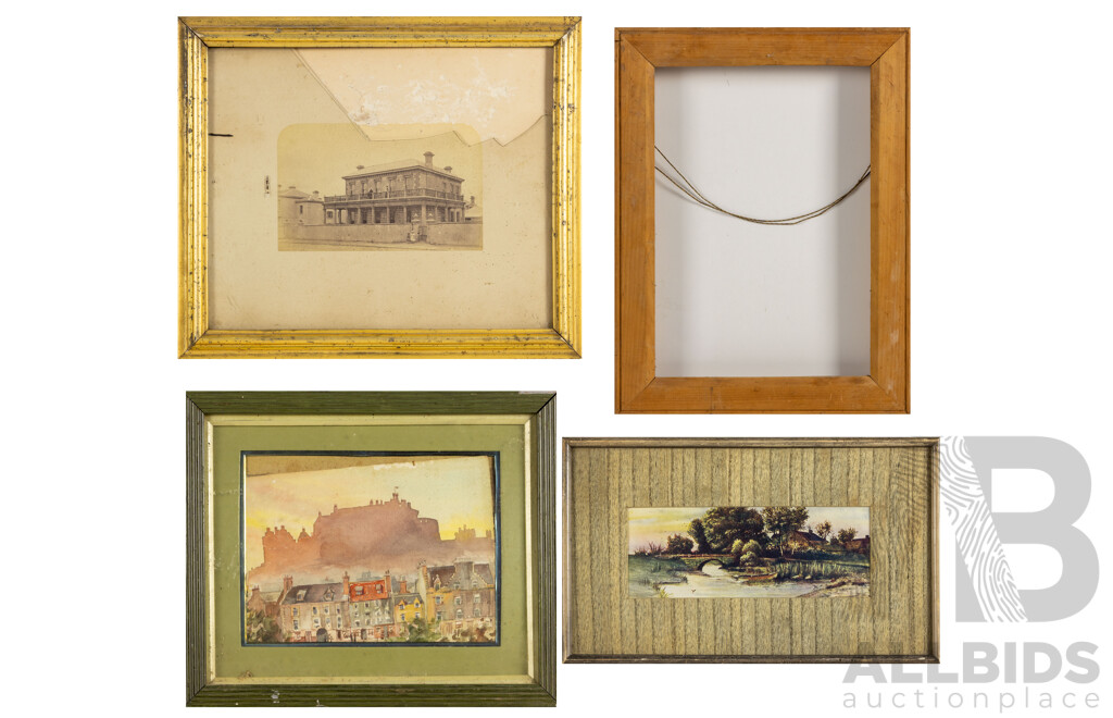 Lot of Three Vintage & Antique Artworks Including Print, Watercolour & Photograph, Alongside Wooden Frame. 38 x 29 cm (^Wooden Frame) (4)