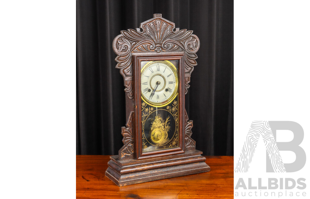 Ansonia Mantle Clock in Carved Timber Case by New Haven Clock Co