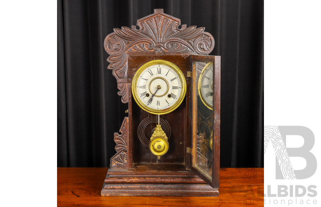 Ansonia Mantle Clock in Carved Timber Case by New Haven Clock Co