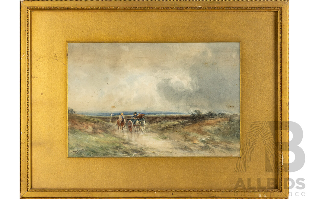 David Cox Senior (18/19th Centuries, British, 1783-1859), Heading Home Water Landscape with Horses, Wonderful Antique Watercolour, 44 x 59 cm (frame)