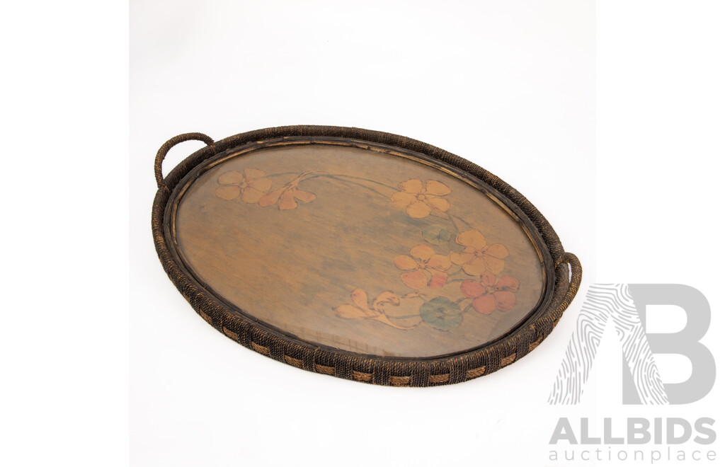 Vintage Poker Work Twin Handled Tray with Poppies