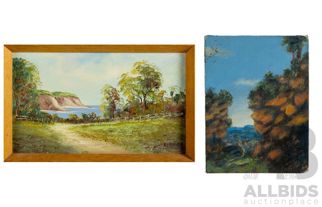 E. Jansen (20th Century), Path to the Water & Cliff's Edge, Nice Pair of Vintage Landscapes - Oil on Canvas Board, (18 x 28 cm (largest frame) (2)