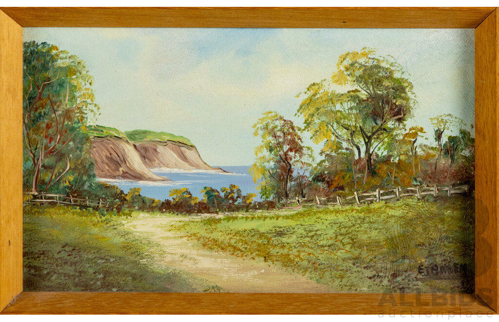 E. Jansen (20th Century), Path to the Water & Cliff's Edge, Nice Pair of Vintage Landscapes - Oil on Canvas Board, (18 x 28 cm (largest frame) (2)