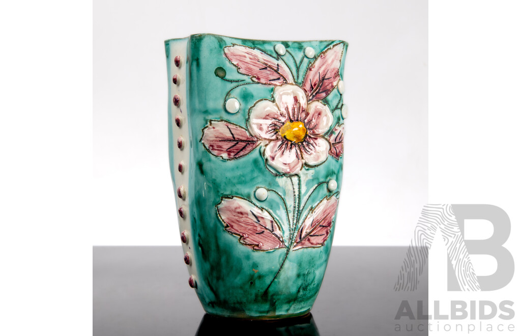 Vintage Green Glaze Italian Vase with Floral Motif