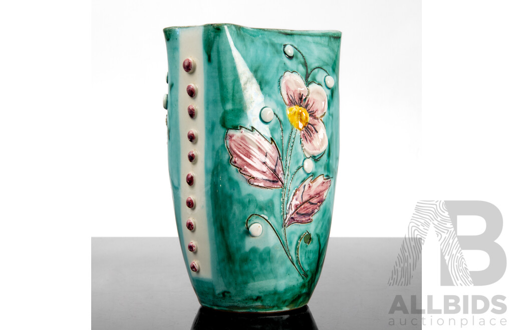 Vintage Green Glaze Italian Vase with Floral Motif