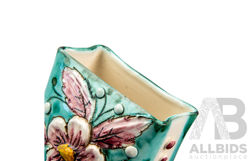 Vintage Green Glaze Italian Vase with Floral Motif