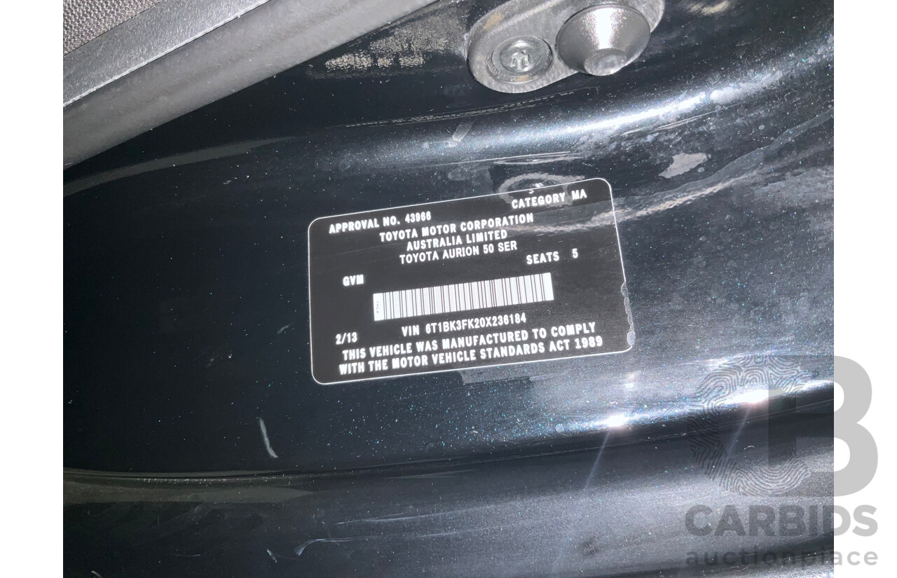 2/2013 Toyota Aurion AT-X GSV50R 4d Sedan Attitude Black Metallic V6 3.5L