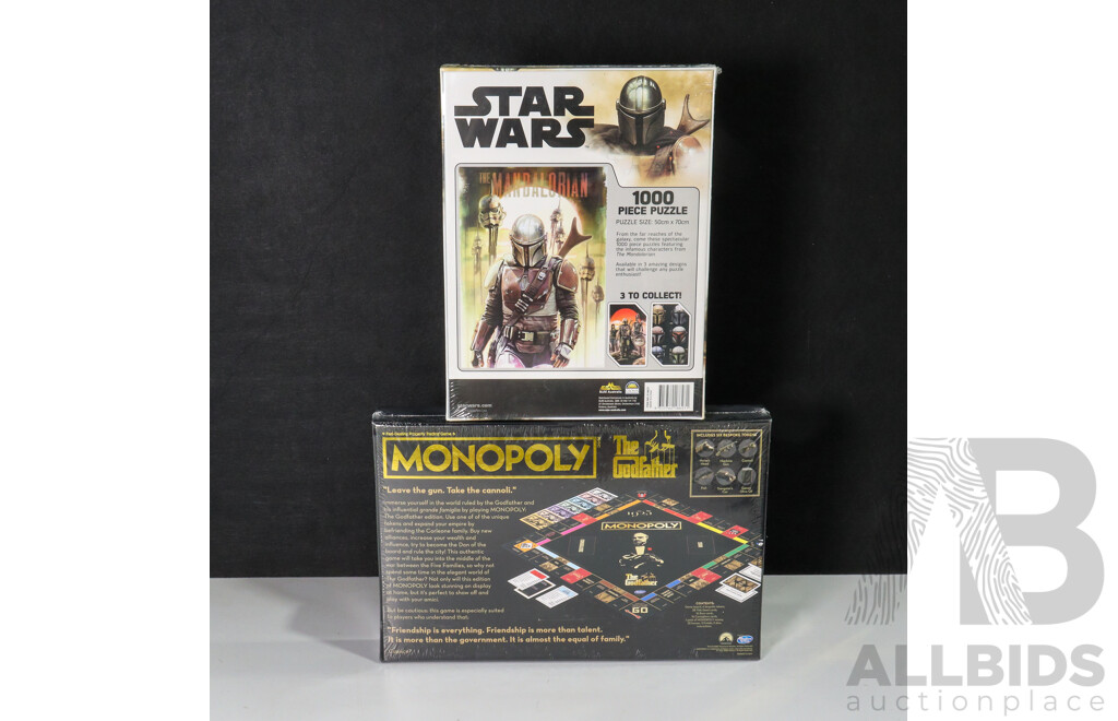 Star Wars the Mandalorian 1000 Piece Puzzle and the Godfather Monopoly Set, Both in Sealed Boxes
