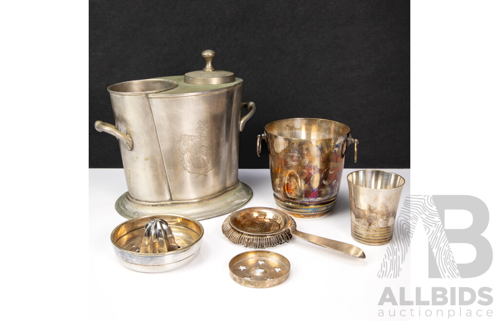 Collection of Vintage Bar Items Inc Pewter Ice Bucket, Juicer and Strainer Along with a Measuring Cup