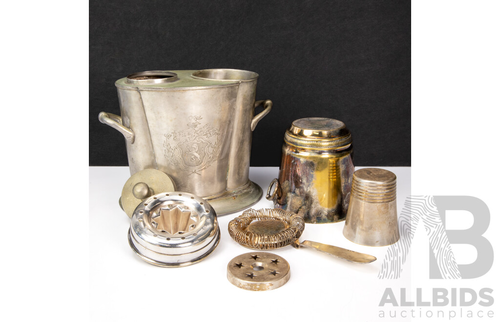 Collection of Vintage Bar Items Inc Pewter Ice Bucket, Juicer and Strainer Along with a Measuring Cup