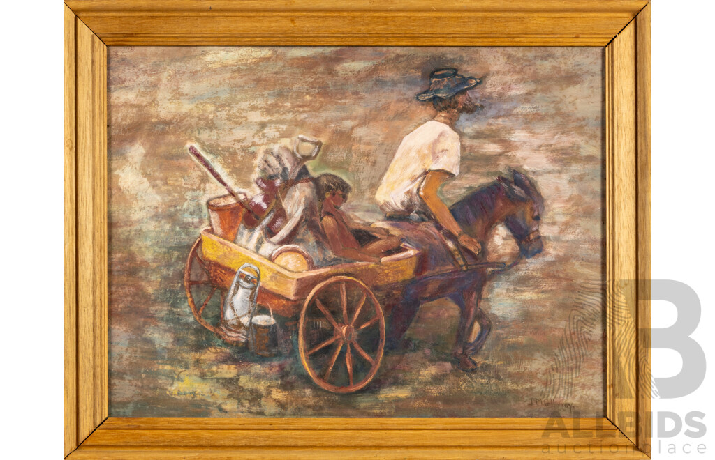 J.McGillivray, (20th Century), Work Horse & Cart on Way Home, Original Vintage Oil on Masonite, 36H x 46W cm (frame)