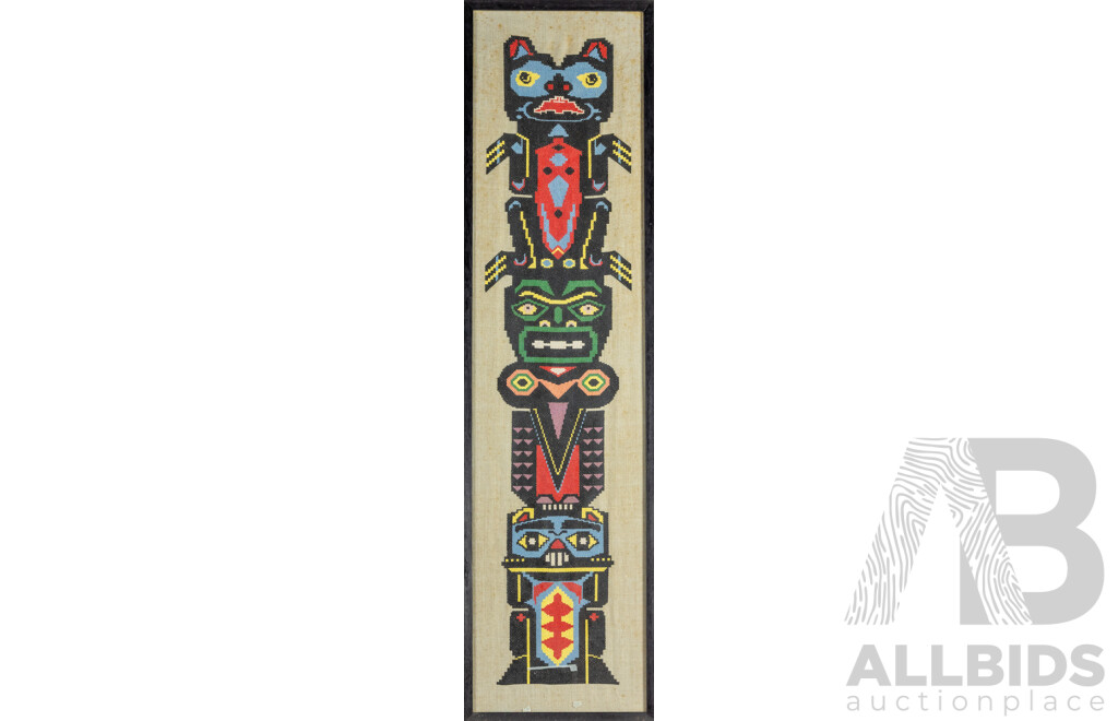 Artist Unknown (20th Century, Indigenous-American), Totem Pole, Vintage Cross Stitch on Linen Panel, 136H x 36W cm (frame)