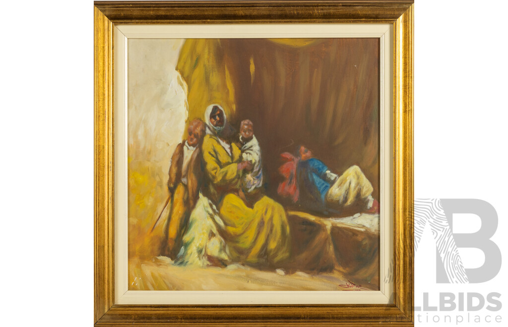 Artist Unknown, (20th Century, Arab School), Bedouin Family (2004), Original Oil on Canvas Cloth, 50 x 50 cm (frame)